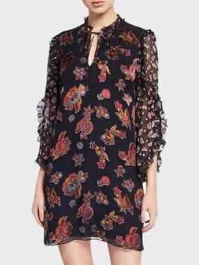 anaya tiered lace short dress Anaya Silk-Satin Devor Mini Dress in Bouquet Devor Black